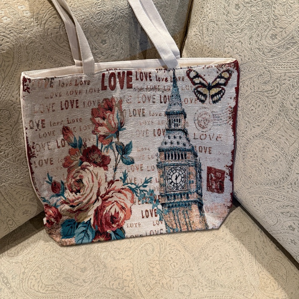 Elegant Floral and Clock Tower Tote Bag